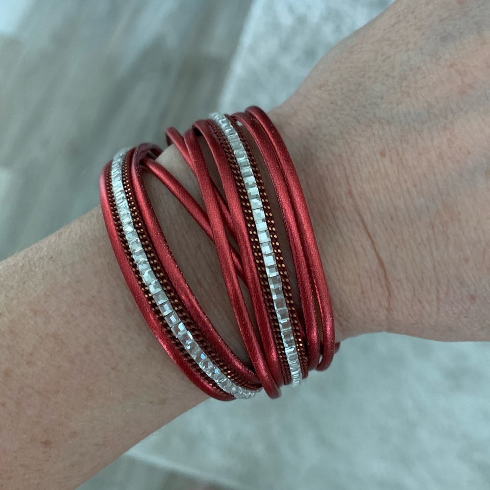 Red satin wrap bracelet with rhinestones and magnetic clasp
